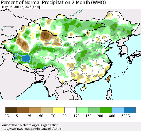 China, Mongolia and Taiwan Percent of Normal Precipitation 2-Month (WMO) Thematic Map For 5/16/2023 - 7/15/2023