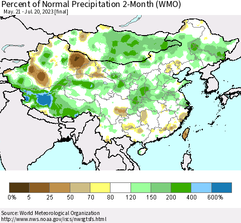 China, Mongolia and Taiwan Percent of Normal Precipitation 2-Month (WMO) Thematic Map For 5/21/2023 - 7/20/2023