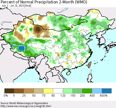 China, Mongolia and Taiwan Percent of Normal Precipitation 2-Month (WMO) Thematic Map For 6/1/2023 - 7/31/2023