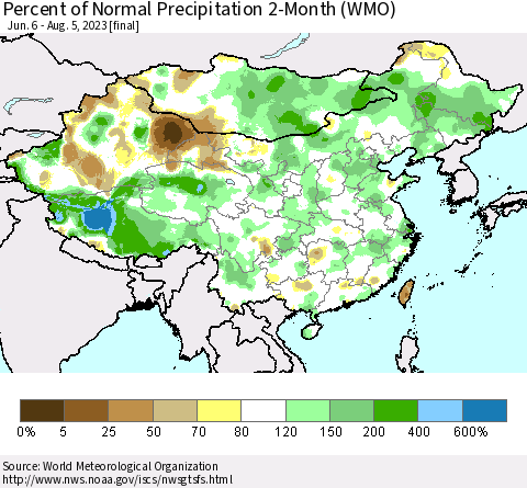China, Mongolia and Taiwan Percent of Normal Precipitation 2-Month (WMO) Thematic Map For 6/6/2023 - 8/5/2023