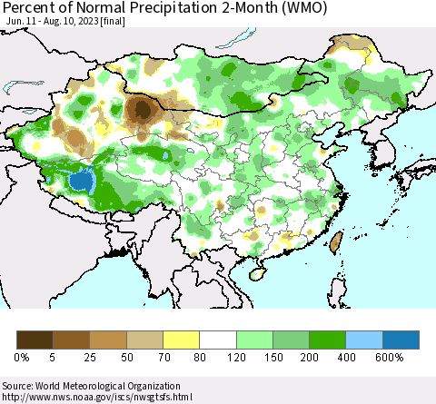 China, Mongolia and Taiwan Percent of Normal Precipitation 2-Month (WMO) Thematic Map For 6/11/2023 - 8/10/2023