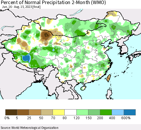 China, Mongolia and Taiwan Percent of Normal Precipitation 2-Month (WMO) Thematic Map For 6/16/2023 - 8/15/2023