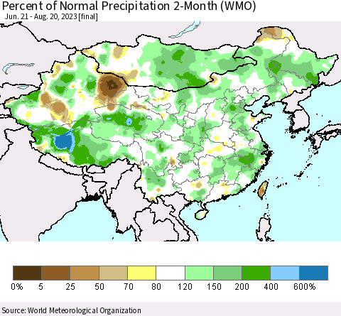 China, Mongolia and Taiwan Percent of Normal Precipitation 2-Month (WMO) Thematic Map For 6/21/2023 - 8/20/2023