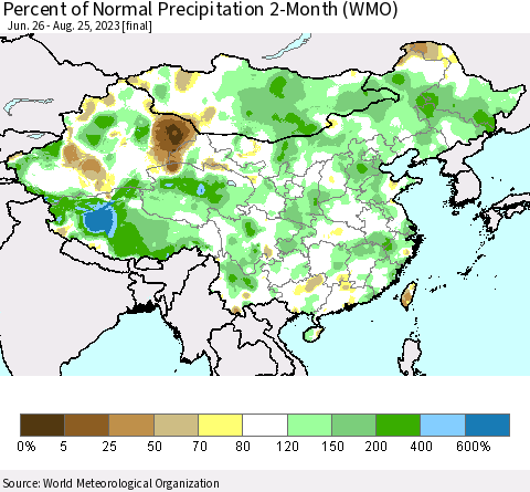 China, Mongolia and Taiwan Percent of Normal Precipitation 2-Month (WMO) Thematic Map For 6/26/2023 - 8/25/2023