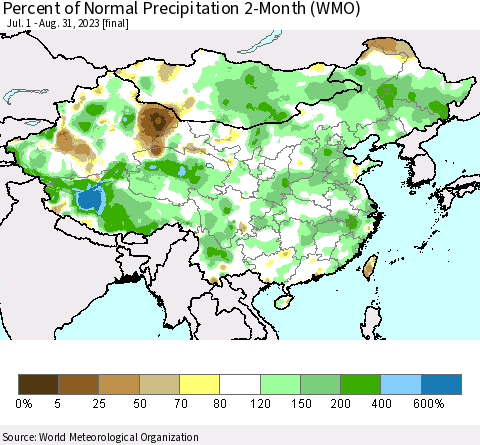 China, Mongolia and Taiwan Percent of Normal Precipitation 2-Month (WMO) Thematic Map For 7/1/2023 - 8/31/2023
