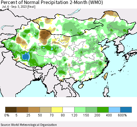 China, Mongolia and Taiwan Percent of Normal Precipitation 2-Month (WMO) Thematic Map For 7/6/2023 - 9/5/2023