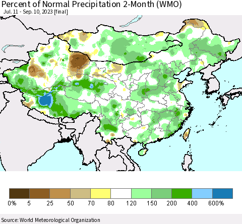 China, Mongolia and Taiwan Percent of Normal Precipitation 2-Month (WMO) Thematic Map For 7/11/2023 - 9/10/2023
