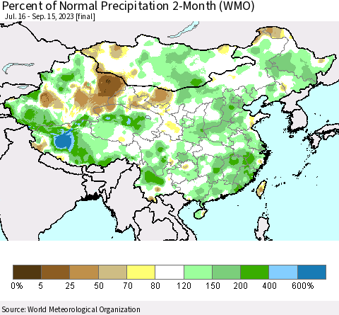 China, Mongolia and Taiwan Percent of Normal Precipitation 2-Month (WMO) Thematic Map For 7/16/2023 - 9/15/2023