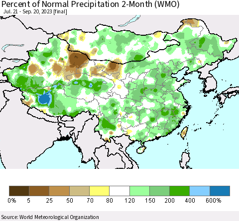 China, Mongolia and Taiwan Percent of Normal Precipitation 2-Month (WMO) Thematic Map For 7/21/2023 - 9/20/2023