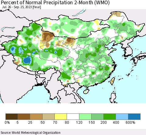 China, Mongolia and Taiwan Percent of Normal Precipitation 2-Month (WMO) Thematic Map For 7/26/2023 - 9/25/2023