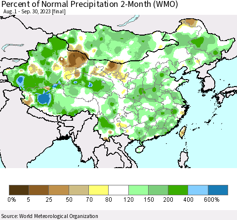 China, Mongolia and Taiwan Percent of Normal Precipitation 2-Month (WMO) Thematic Map For 8/1/2023 - 9/30/2023