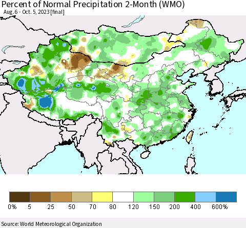 China, Mongolia and Taiwan Percent of Normal Precipitation 2-Month (WMO) Thematic Map For 8/6/2023 - 10/5/2023