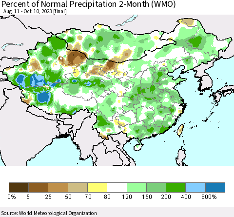 China, Mongolia and Taiwan Percent of Normal Precipitation 2-Month (WMO) Thematic Map For 8/11/2023 - 10/10/2023