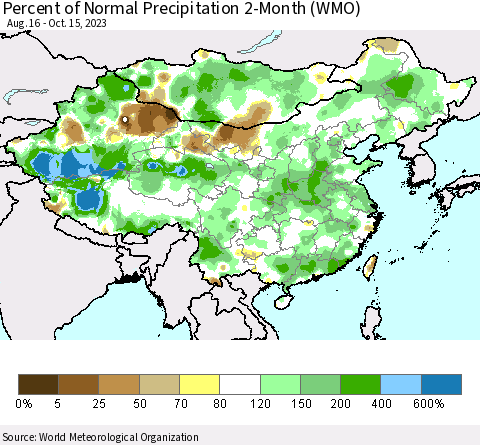 China, Mongolia and Taiwan Percent of Normal Precipitation 2-Month (WMO) Thematic Map For 8/16/2023 - 10/15/2023