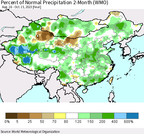 China, Mongolia and Taiwan Percent of Normal Precipitation 2-Month (WMO) Thematic Map For 8/16/2023 - 10/15/2023