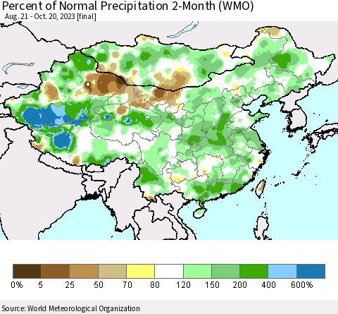 China, Mongolia and Taiwan Percent of Normal Precipitation 2-Month (WMO) Thematic Map For 8/21/2023 - 10/20/2023