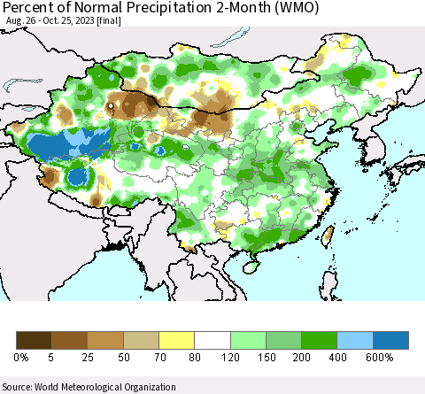 China, Mongolia and Taiwan Percent of Normal Precipitation 2-Month (WMO) Thematic Map For 8/26/2023 - 10/25/2023