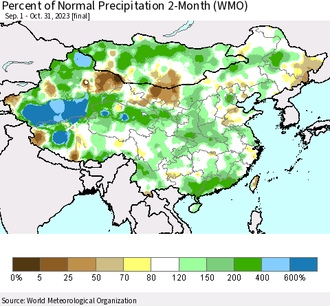 China, Mongolia and Taiwan Percent of Normal Precipitation 2-Month (WMO) Thematic Map For 9/1/2023 - 10/31/2023