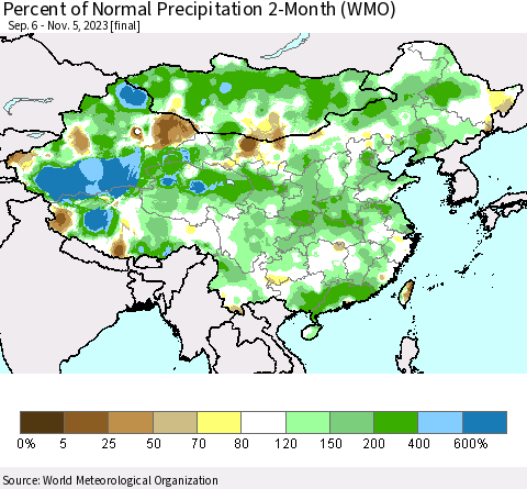 China, Mongolia and Taiwan Percent of Normal Precipitation 2-Month (WMO) Thematic Map For 9/6/2023 - 11/5/2023