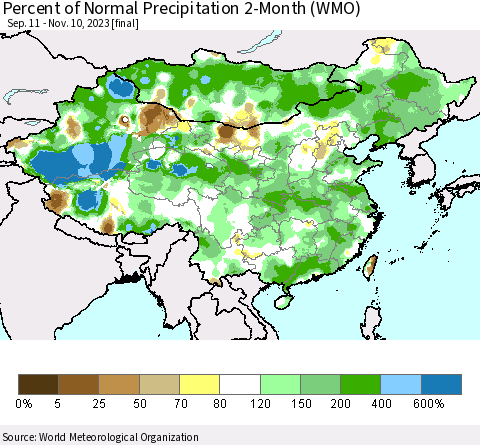 China, Mongolia and Taiwan Percent of Normal Precipitation 2-Month (WMO) Thematic Map For 9/11/2023 - 11/10/2023