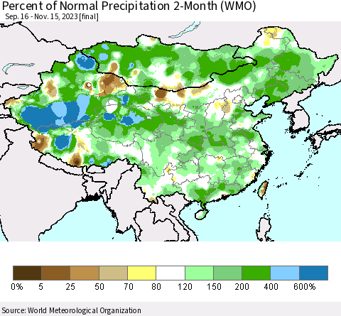 China, Mongolia and Taiwan Percent of Normal Precipitation 2-Month (WMO) Thematic Map For 9/16/2023 - 11/15/2023