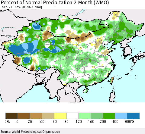 China, Mongolia and Taiwan Percent of Normal Precipitation 2-Month (WMO) Thematic Map For 9/21/2023 - 11/20/2023