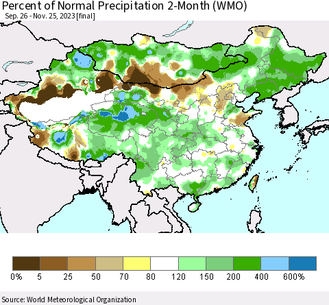China, Mongolia and Taiwan Percent of Normal Precipitation 2-Month (WMO) Thematic Map For 9/26/2023 - 11/25/2023