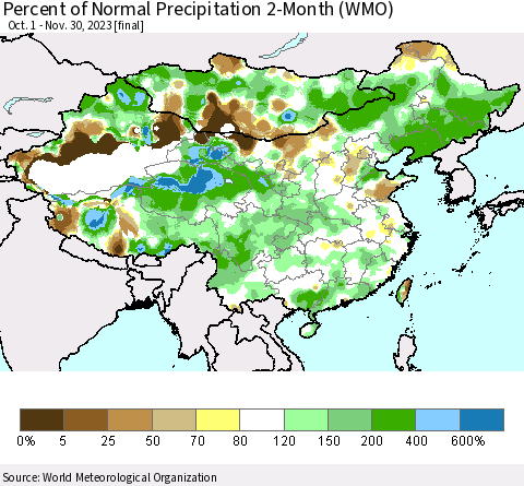 China, Mongolia and Taiwan Percent of Normal Precipitation 2-Month (WMO) Thematic Map For 10/1/2023 - 11/30/2023