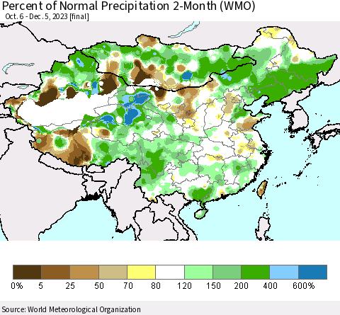 China, Mongolia and Taiwan Percent of Normal Precipitation 2-Month (WMO) Thematic Map For 10/6/2023 - 12/5/2023