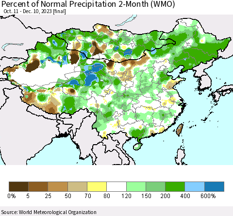 China, Mongolia and Taiwan Percent of Normal Precipitation 2-Month (WMO) Thematic Map For 10/11/2023 - 12/10/2023