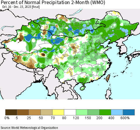 China, Mongolia and Taiwan Percent of Normal Precipitation 2-Month (WMO) Thematic Map For 10/16/2023 - 12/15/2023