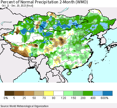China, Mongolia and Taiwan Percent of Normal Precipitation 2-Month (WMO) Thematic Map For 10/21/2023 - 12/20/2023