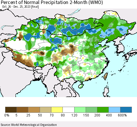 China, Mongolia and Taiwan Percent of Normal Precipitation 2-Month (WMO) Thematic Map For 10/26/2023 - 12/25/2023