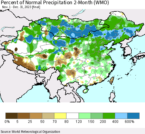 China, Mongolia and Taiwan Percent of Normal Precipitation 2-Month (WMO) Thematic Map For 11/1/2023 - 12/31/2023