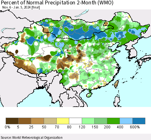 China, Mongolia and Taiwan Percent of Normal Precipitation 2-Month (WMO) Thematic Map For 11/6/2023 - 1/5/2024