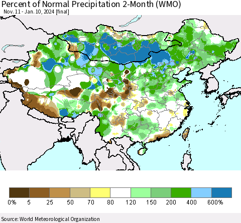 China, Mongolia and Taiwan Percent of Normal Precipitation 2-Month (WMO) Thematic Map For 11/11/2023 - 1/10/2024