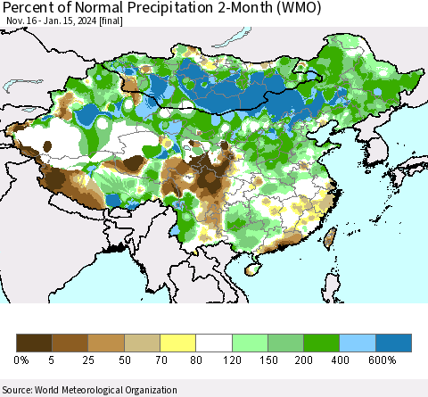 China, Mongolia and Taiwan Percent of Normal Precipitation 2-Month (WMO) Thematic Map For 11/16/2023 - 1/15/2024