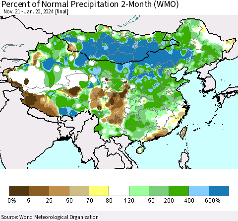 China, Mongolia and Taiwan Percent of Normal Precipitation 2-Month (WMO) Thematic Map For 11/21/2023 - 1/20/2024