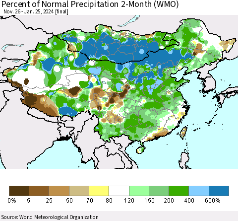 China, Mongolia and Taiwan Percent of Normal Precipitation 2-Month (WMO) Thematic Map For 11/26/2023 - 1/25/2024