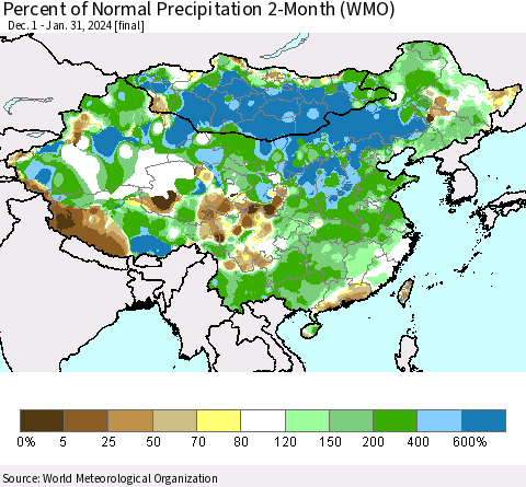 China, Mongolia and Taiwan Percent of Normal Precipitation 2-Month (WMO) Thematic Map For 12/1/2023 - 1/31/2024