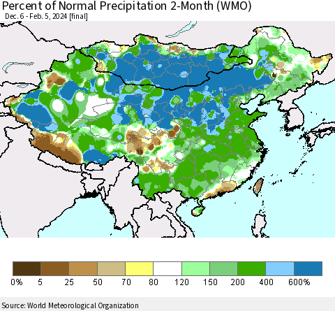 China, Mongolia and Taiwan Percent of Normal Precipitation 2-Month (WMO) Thematic Map For 12/6/2023 - 2/5/2024