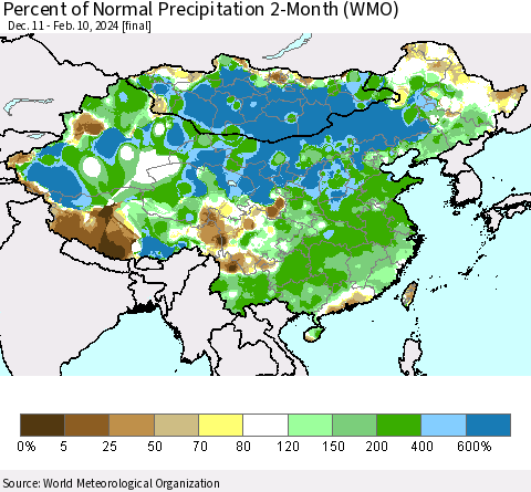 China, Mongolia and Taiwan Percent of Normal Precipitation 2-Month (WMO) Thematic Map For 12/11/2023 - 2/10/2024
