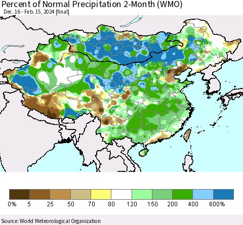 China, Mongolia and Taiwan Percent of Normal Precipitation 2-Month (WMO) Thematic Map For 12/16/2023 - 2/15/2024