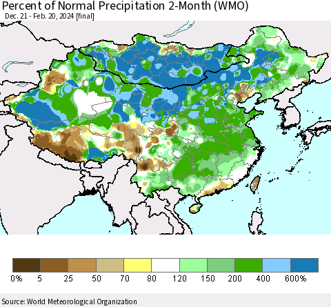 China, Mongolia and Taiwan Percent of Normal Precipitation 2-Month (WMO) Thematic Map For 12/21/2023 - 2/20/2024