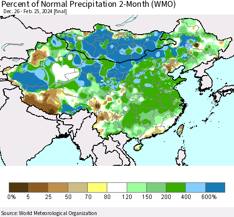 China, Mongolia and Taiwan Percent of Normal Precipitation 2-Month (WMO) Thematic Map For 12/26/2023 - 2/25/2024