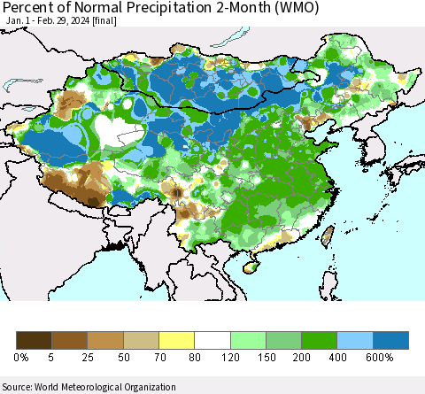 China, Mongolia and Taiwan Percent of Normal Precipitation 2-Month (WMO) Thematic Map For 1/1/2024 - 2/29/2024