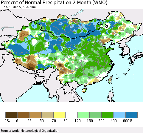 China, Mongolia and Taiwan Percent of Normal Precipitation 2-Month (WMO) Thematic Map For 1/6/2024 - 3/5/2024