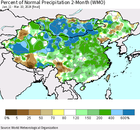 China, Mongolia and Taiwan Percent of Normal Precipitation 2-Month (WMO) Thematic Map For 1/11/2024 - 3/10/2024