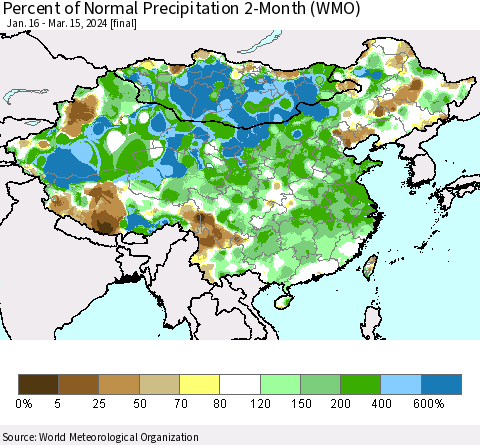 China, Mongolia and Taiwan Percent of Normal Precipitation 2-Month (WMO) Thematic Map For 1/16/2024 - 3/15/2024