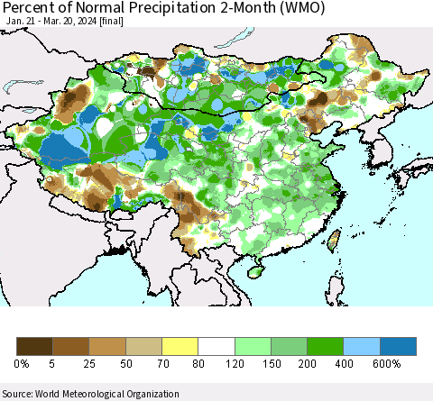 China, Mongolia and Taiwan Percent of Normal Precipitation 2-Month (WMO) Thematic Map For 1/21/2024 - 3/20/2024